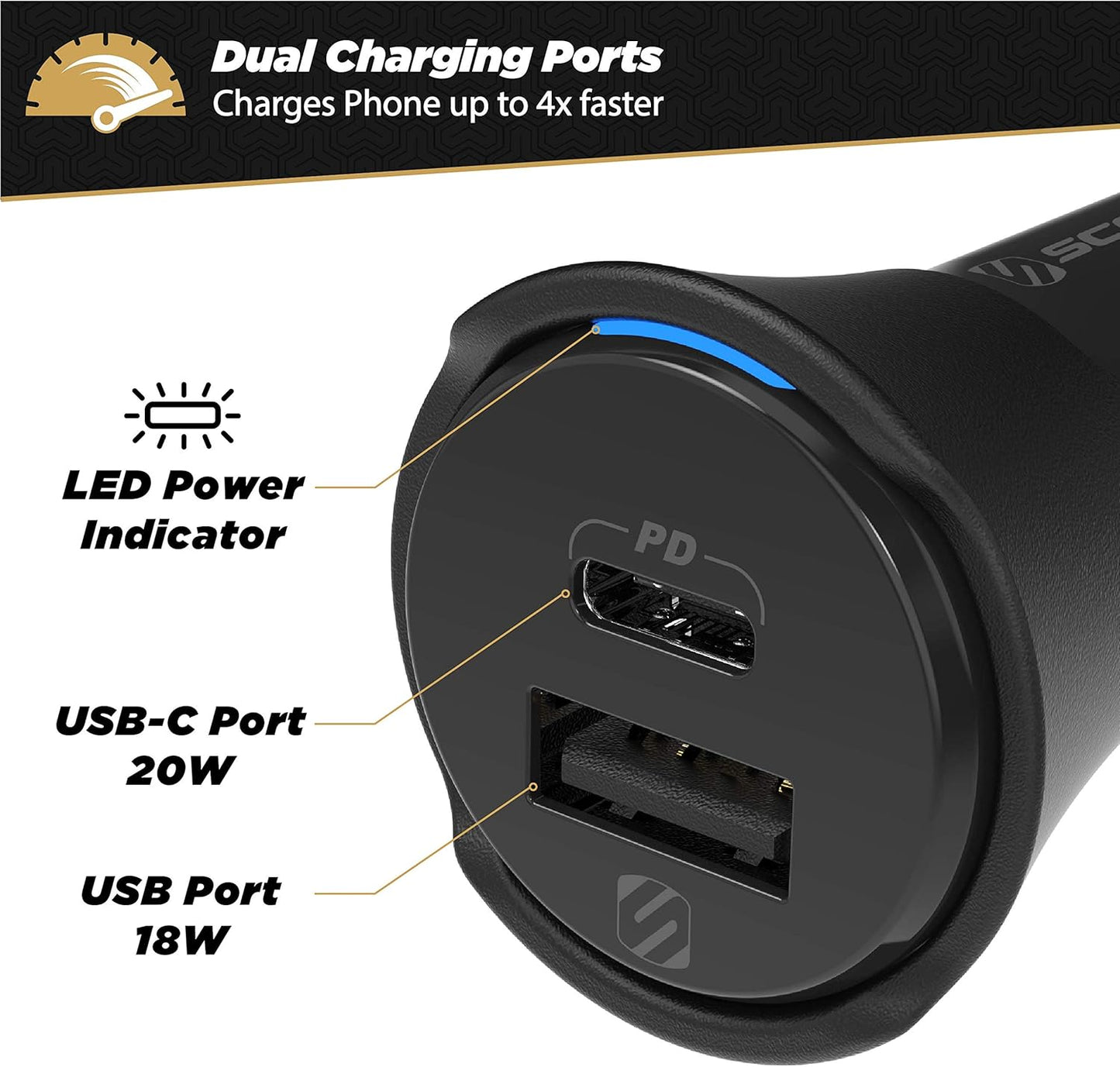 CPDCA38 38W USB-C Cigarette Lighter Adapter, Dual Car Charger with USB-A and USBC Fast Charging Port Compatible with Iphone 16/15/14/13/12, Samsung Galaxy S25/S24/S23 & Type-C Android Devices